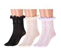 IYOU Blanco Rodilla Hasta Calcetines Lazos Encaje Calcetines Princesa Boda Vestuario Malla Volantes Vestido Medias para Niñas (3 Pares)