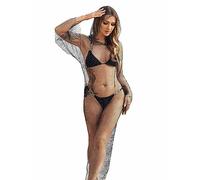 IYOU Brillante Cristal Malla Vestido Negro Faldas de Manga Larga Trajes de Baño de Rejilla Transparentes Rave Festival Bikini Accesorios para el cuerpo para Mujer