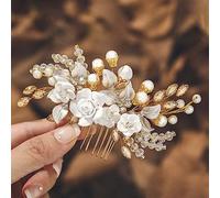 IYOU Peine para el pelo de novia con flores y cristales dorados, accesorios para el cabello con hojas y perlas, peines laterales para mujer