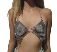 IYOU Sexy Cristal Cadena del Cuerpo Negro Diamante de Imitación Cadena de Sujetador Club nocturno Fiesta Bikini Escotado por Detrás Top Corto con Cuello Halter Cuerpo Accesorios para Mujeres