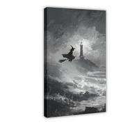 IYTAFGYT Póster de bruja oscura volando sobre el mar tormentoso con lienzo para decoración de dormitorio, decoración de paisaje, regalo, 30 x 45 cm