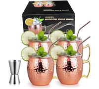 izdeel Vaso Moscow Mule Taza Cobre Mug Copa de Cóctel, para Cóctele, Vodka, Bebidas Frías, Hogar, Bar, Fiesta, San Valentín, Navidad, Año Nuevo, Cumpleaños, Regalos Caja (4 Tazas, 4 Pajitas y Jigger)