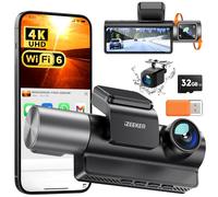 iZEEKER 3 Canales 4K Dashcam con Tarjeta de 32GB GRATIS, Cámara Coche Frontal, Trasera e Interior 4K+1080P+1080P con WDR, Visión Nocturna IR, WiFi 6, Ángulo 170°, G-Sensor, Modo de Estacionamiento 24H