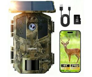 iZEEKER Cámara de Caza Solar, 4K Ultra HD 64MP Camara Fototrampeo con 32GB Micro SD Karte & 5200mAh Batería Recargable, Envio al Movil App y WiFi Bluetooth, Visión Nocturna, IP66 Impermeable