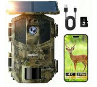 iZEEKER Cámara de Caza Solar, 4K Ultra HD 64MP Camara Fototrampeo con 64GB Micro SD Karte & 5200mAh Batería Recargable, Envio al Movil App y WiFi Bluetooth, Visión Nocturna, IP66 Impermeable