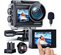 iZEEKER Cámara Deportiva 4K 24MP, Impermeable 40M, Videocámara 4K con Estabilización, Camara acuática con Doble Pantalla, 2×1350mAh Baterías,WiFi, Control Remoto, Micrófono Externo, Multi Accesorios