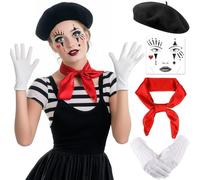 iZoeL Carnaval Mime Disfraz Señoras Hombres Negro Mime Boinas Rojo Cuello Seda Blanco Guantes Tatuaje Carnaval Disfraz Accessorie Señoras Hombres Carnaval Disfraces Carnaval Fiesta Temática