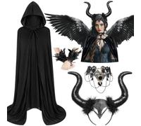 iZoeL Disfraz de diablo para mujer, disfraz de Halloween con capa, cuernos | Capa de bruja malvada con capucha, cuernos de diablo, diadema, cadena de vampiro, disfraz de vampiro para mujer, Halloween