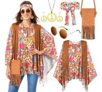 iZoeL Disfraz Hippie Para Mujer Disfraces Los Años 70 80 Poncho Hippie Blusa Vestido Diadema Estampada Accesorio Para Disfraz Hippie Ropa Mujer Años 70 80 Carnaval Fiesta Temática