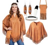 iZoeL Disfraz hippie para mujer, poncho hippie, parte superior, blusa, vestido con flecos, banda de plumas, pendientes, carnaval, carnaval, fiesta temática, Halloween