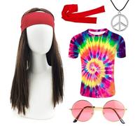 iZoeL Halloween Disfraz 70s Disfraces 5pc. Hippie Camiseta Peluca Gafas Paz Collar Diadema Hombres Señoras 70s Ropa Halloween Shrovetide Hippie Disfraz