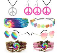 iZoeL Halloween Disfraz Hippie Gafas Collar Paz Colgante Diadema Batik Hippie Conjunto Hombres 80s 90s Fiesta Tematica Halloween