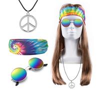 iZoeL Halloween Disfraz Hippie Señoras Hombres Peluca Hippie Gafas Paz Collar Colgante Batik Diadema Accesorios Hombres Señoras Disfraz 80s 90s Tema Fiesta Halloween