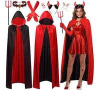iZoeL Halloween Disfraz Mujer Diablo Capa Roja Con Capucha y Diadema Cuernos, Collar Gótico y Accesorio Tatuaje