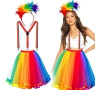 iZoeL Halloween Disfraz Señoras Falda Tul Arco Iris Con Diadema Plumas Colores Tirantes Falda Unicornio Arco Iris Traje Años 50 Señoras Halloween Tutu Mujer