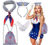 iZoeL Halloween Marinero Traje Señoras Marinero Diadema Con Gorro Marinero Bufanda Guantes Blancos Raya Azul Bolsa Halloween Traje Accessorie Señoras Mujer Disfraces Tema Fiesta