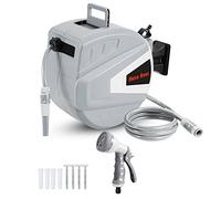 Izrielar - Carrete de Manguera 30 m+2 m Con Ducha, Bobinador Automático, Pinza Giratoria 180°, Bloqueo a Cualquier Longitud (Gris)