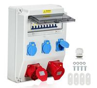 Izrielar Distribuidor de pared con interruptor protector, distribuidor de corriente de construcción de 5 polos con 3 enchufes Schuko y enchufe CEE de 16/32 A para interior y exterior