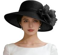 IZUS - Sombrero de Mujer Estilo Derby, Sombrero de Sol con Lazo, Tocado de Organza, Sombrero Floral Estilo Bowler para la Iglesia, para Novia, para Boda, Primavera, Verano, Sombreros para mamá, Negro