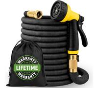 J&B Xpandahose Manguera de jardín de agua expandible con soporte, núcleo de látex de triple capa resistente y 10 boquillas de pulverización con bolsa de almacenamiento (color negro, 100)