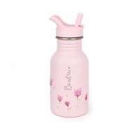 J.Børn Botella personalizada con pajita para niños 350ML | Diseños pintados a mano | Botella de acero inoxidable individual segura para alimentos | Botella de agua ligera (Lila Flor)