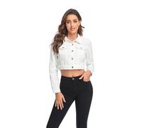 J.Corrine Chaqueta vaquera corta para mujer, chaqueta vaquera corta para mujer, chaqueta vaquera estilo camionero, chaqueta vaquera informal vintage con mangas largas y bolsillos, Blanco, L