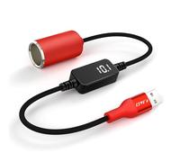 J&D Cable Adaptador USB-A a Encendedor 12V, Convertidor USB-A DC 12V 18W para Cámara de Tablero, GPS, Grabadora de Conducción con Pantalla de Voltaje, Cable Rojo Resistente, 0,3 m