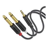 J&D Cable Audio 3.5mm a Doble 6.35mm Audio Enchufe, Chapado en Oro 3,5mm TRS Macho a 2X 6,35mm TS Macho Mono Cable Divisor con Cáscara de PVC y Trenzado de Nailon, 1.8 Meter