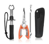 J&D Pesca Pinzas y Pescado Labios Pinza Fije, Multifuncional Acero Inoxidable Pesca Pinzas Marcha Atrás Gancho Portero Herramientas con Seguridad Tipo de Bobina con Fundas y Atadura, Naranja
