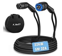 J&D Tipo 2 EV Cable de Carga a Tipo 2 con Bolsa de Transporte | Trifásico | 32A | 22KW | 5 Metros, Compatible con Modelo 3/X/Y/S, Zoe, ID.3, ID.4, E-Tron, i3, etc