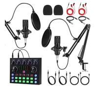 J.I.Y Paquete de equipo de podcast para 2, kit de grabación de estudio con micrófonos de condensador dual, tarjeta de sonido Bluetooth, efectos DSP, monitoreo en tiempo real, Plug & Play para