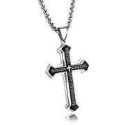 J.May Collar con Colgante De Cruz De Acero Inoxidable para Hombre,con Cadena De Plata Cubana, De 60 Cm (Negro)