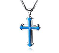J.May Collar con Colgante De Cruz De Acero Inoxidable para Hombre,con Cadena De Plata Cubana, De 60 Cm (Azul)