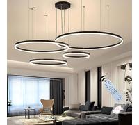 J.SUNUN Moderna Lámpara Colgante LED 4 Anillos Instalación independiente 90W Negro colgante ajustable Lámpara de techo regulable Con Control Remoto Para Sala estar Dormitorio Comedor 20×40×60×80CM