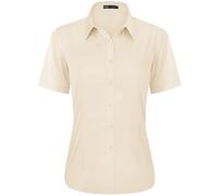 J.VER Blusa de manga corta para mujer, informal, de negocios, corte regular, sin arrugas, algodón, camiseta de verano con botones, beige, M