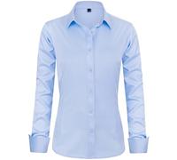 J.VER Blusa para mujer, informal, blusa de negocios, con botones, camiseta clásica, manga larga, cuello superior, fácil de planchar, moderna, azul celeste, XL