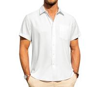 J.VER Camisa de lino para hombre, manga cruzada, informal, corte regular, ligera y aireada, camisa de verano, camisa de lino con bolsillo, Blanco, 3XL