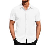 J.VER Camisa de manga corta para hombre, camisa de negocios, con botones, corte regular, para el tiempo libre, verano, playa, camiseta elástica, Todo blanco, L