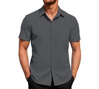 J.VER Camisa de manga corta para hombre, camisa de negocios, con botones, corte regular, para el tiempo libre, verano, playa, camiseta elástica, gris oscuro, XL