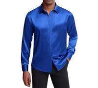 J.Ver Camisa de Vestir de satén de Seda para Hombre, de Manga Larga, Brillante, Informal, con Botones, de Lujo, para Fiesta de graduación, Azul Real, Large