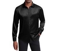 J.Ver Camisa de Vestir de satén de Seda para Hombre, de Manga Larga, Brillante, Informal, con Botones, de Lujo, para Fiesta de graduación, Negro -, Large