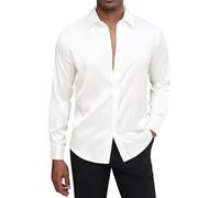 J.Ver Camisa de Vestir de satén de Seda para Hombre, de Manga Larga, Brillante, Informal, con Botones, de Lujo, para Fiesta de graduación, Blanco, Medium