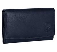 J. Wilson London Cartera de piel auténtica con protección RFID para mujer, billetera con cremallera y bolsillo para monedas (azul marino)
