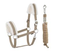 JA Horse JA4004 - Cabestro de piel sintética con gancho de pánico ajustable, cabestro para caballo, caballo de madera, cuerda de amarre (pelo sintético caqui, pony)