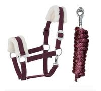 JA Horse JA4004 - Cabestro de piel sintética con gancho de pánico ajustable, cabestro para caballo, caballo de madera, cuerda de amarre (pelo sintético burdeos, pony)
