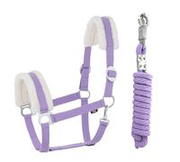 JA Horse JA4004 - Cabestro de piel sintética con gancho de pánico ajustable, cabestro para caballo, caballo de madera, cuerda de amarre (pelo sintético, lavanda, completo)
