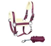 JA Horse JA4006 - Juego de cabestro de piel sintética con 3 posiciones de ajuste, incluye cuerda de guía, suave acolchado, correa ajustable para la barbilla y mosquetón (burdeos, completo)