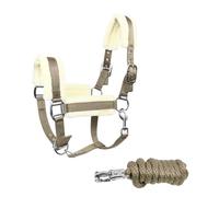 JA Horse JA4007 - Juego de cabestro de piel sintética con gancho de pánico y ajuste de 3 posiciones, incluye cuerda de guía, suave acolchado y correa de barbilla ajustable (caqui, pony)