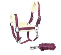 JA Horse JA4007 - Juego de cabestro de piel sintética con gancho de pánico y ajuste de 3 posiciones, incluye cuerda de guía, suave acolchado y correa de barbilla ajustable (burdeos, completo)