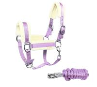 JA Horse JA4007 - Juego de cabestro de piel sintética con gancho de pánico y ajuste de 3 posiciones, incluye cuerda de guía, suave acolchado y correa de barbilla ajustable (lavanda, pony)